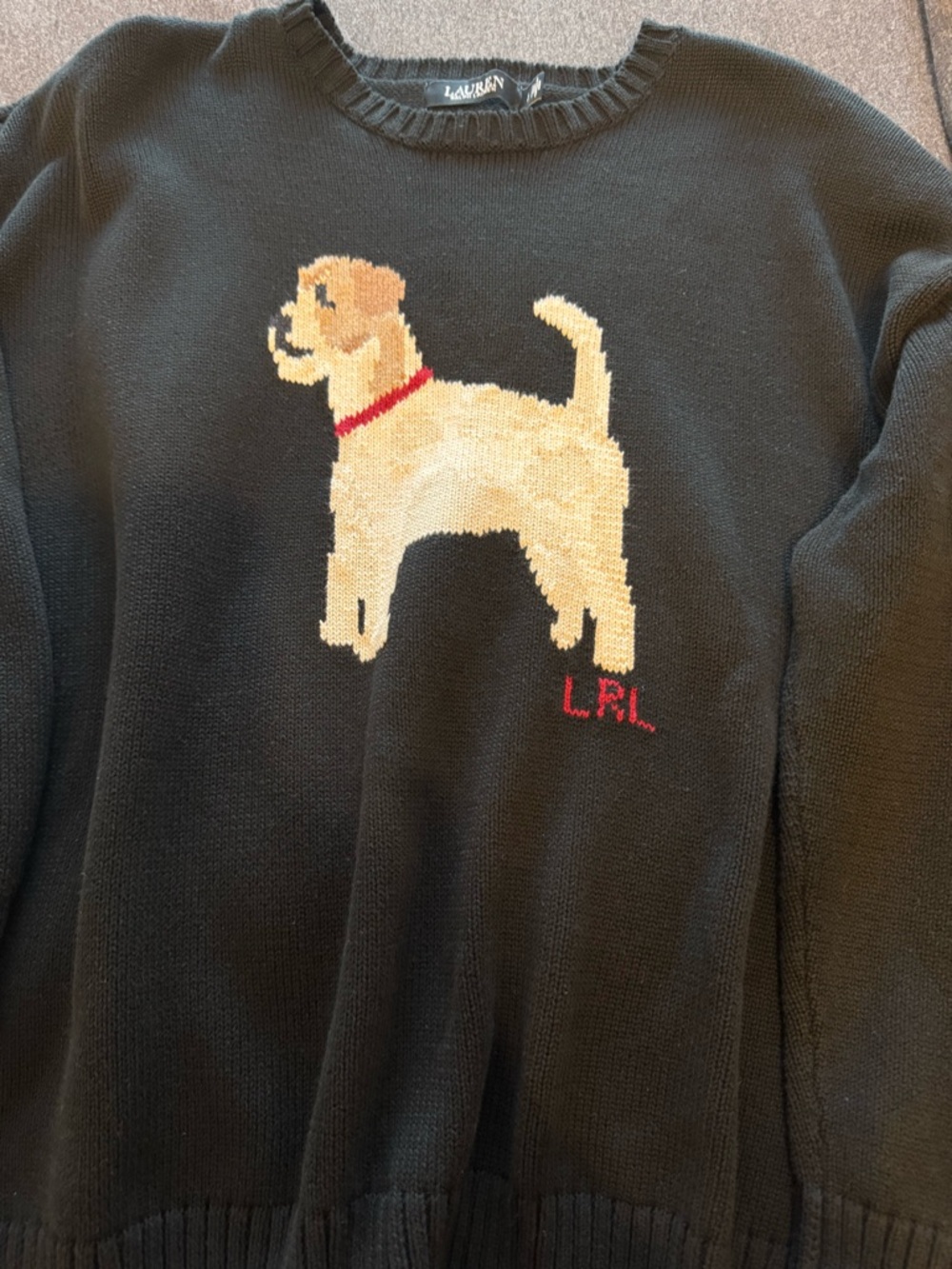 Ralph Lauren Black Crewneck Sweater with Cream & Tan Dog Intarsia - Picture 6 of 9